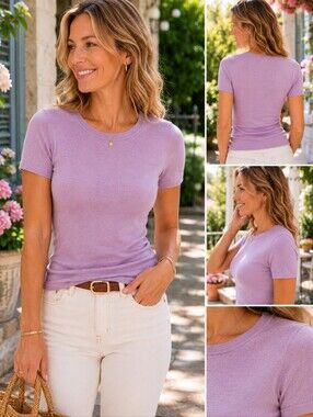Mai Purple Lavendar Cashmere Sweater Top Shirt Short Sleeve Babydoll Tee Small